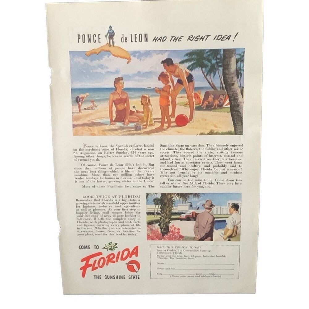 Vintage 1947 Florida Ponce de Leon Had the Idea Ad Advertisment